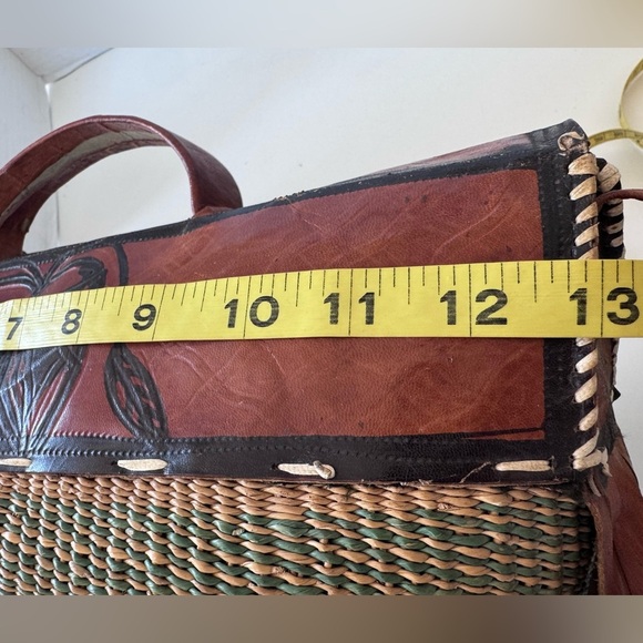 Vintage Boho Woven Tooled Leather Tote Beach Jute Bag Purse - Picture 11 of 12